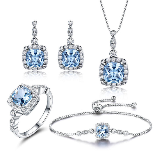 925 Sterling Silber Schmuckset mit Himmelblauer Topas Halskette (Vierteilig)