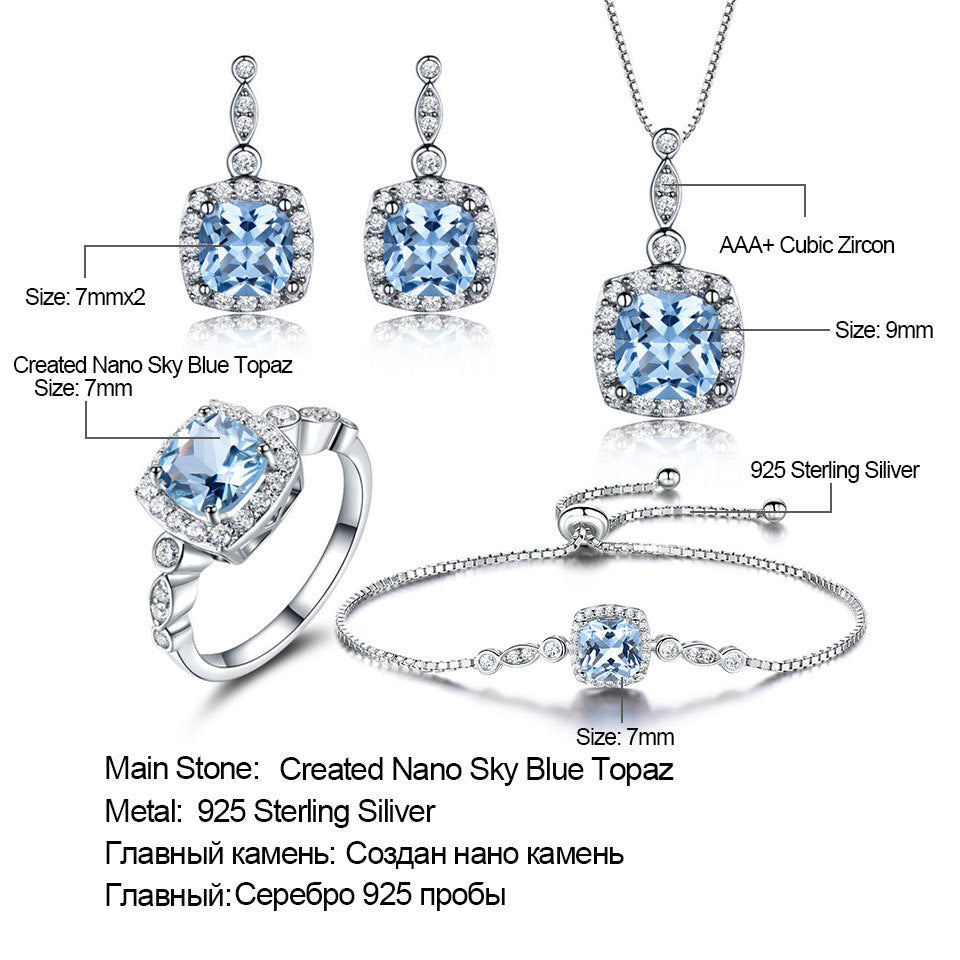 925 Sterling Silber Schmuckset mit Himmelblauer Topas Halskette (Vierteilig)